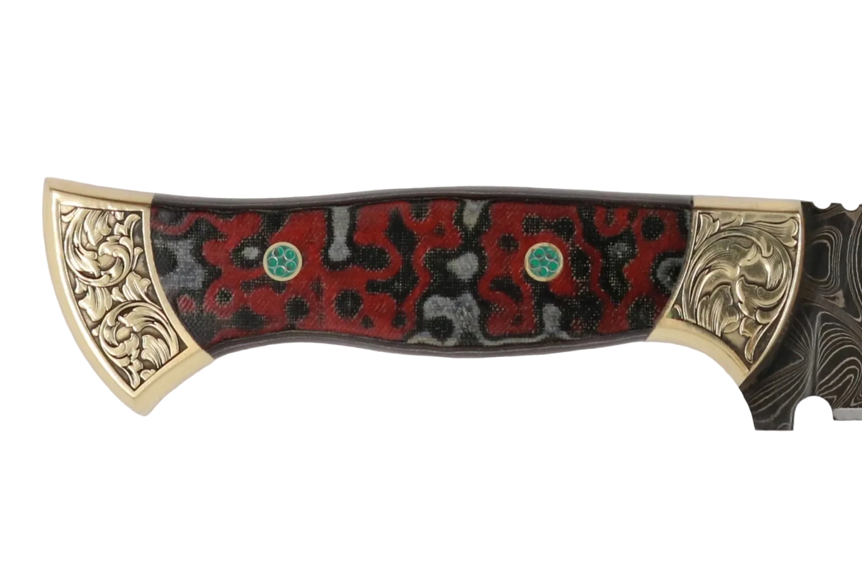 Detailaufnahme Messerfieber Vizier 142 Damascus mit dekorativem Micarta-Griff