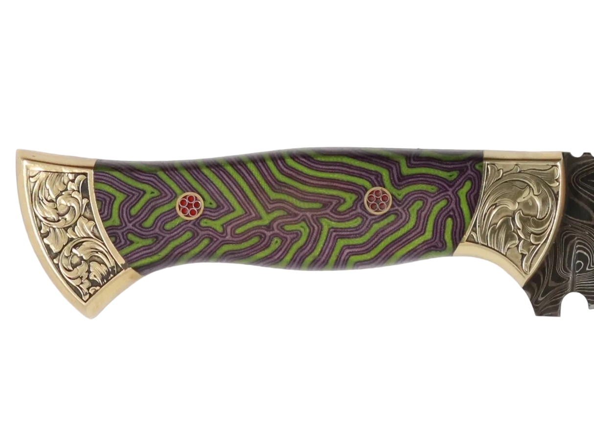 Detailaufnahme Messerfieber Vizier 142 Damascus mit dekorativem Micarta-Griff