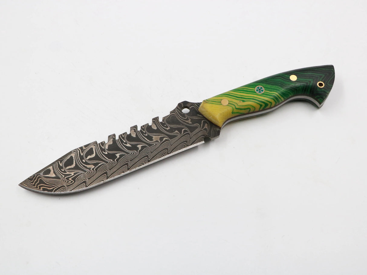 Damastmesser mit Micarta-Griff und G10-Liner, Gesamtansicht