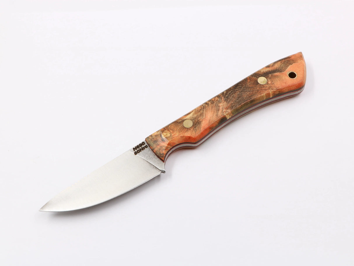 Farbspitzla – Einzelansicht, bunter Maser-Pappel-Griff, N690-Klinge 75 mm orange/braun links