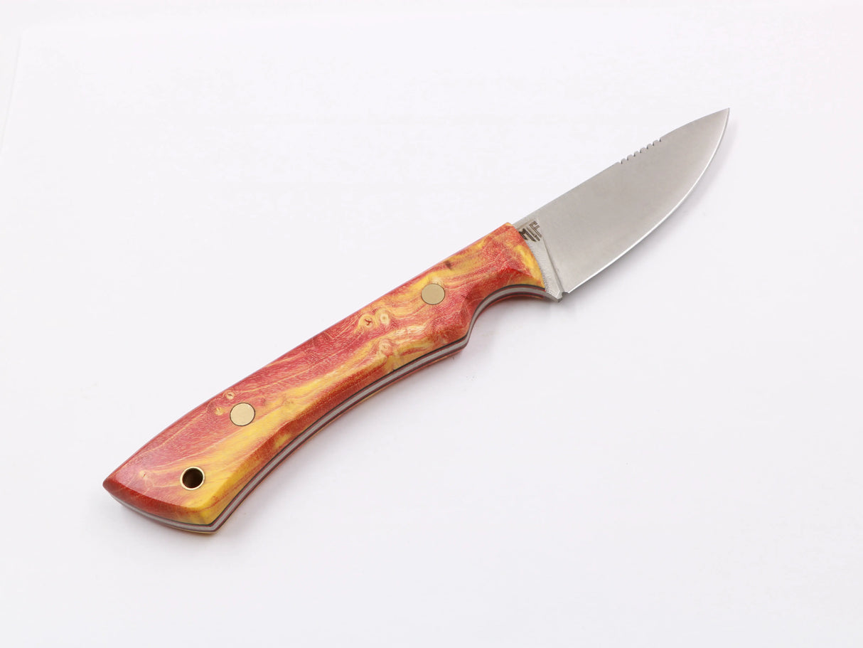 Farbspitzla – Einzelansicht, bunter Maser-Pappel-Griff, N690-Klinge 75 mm rot/gelb rechts