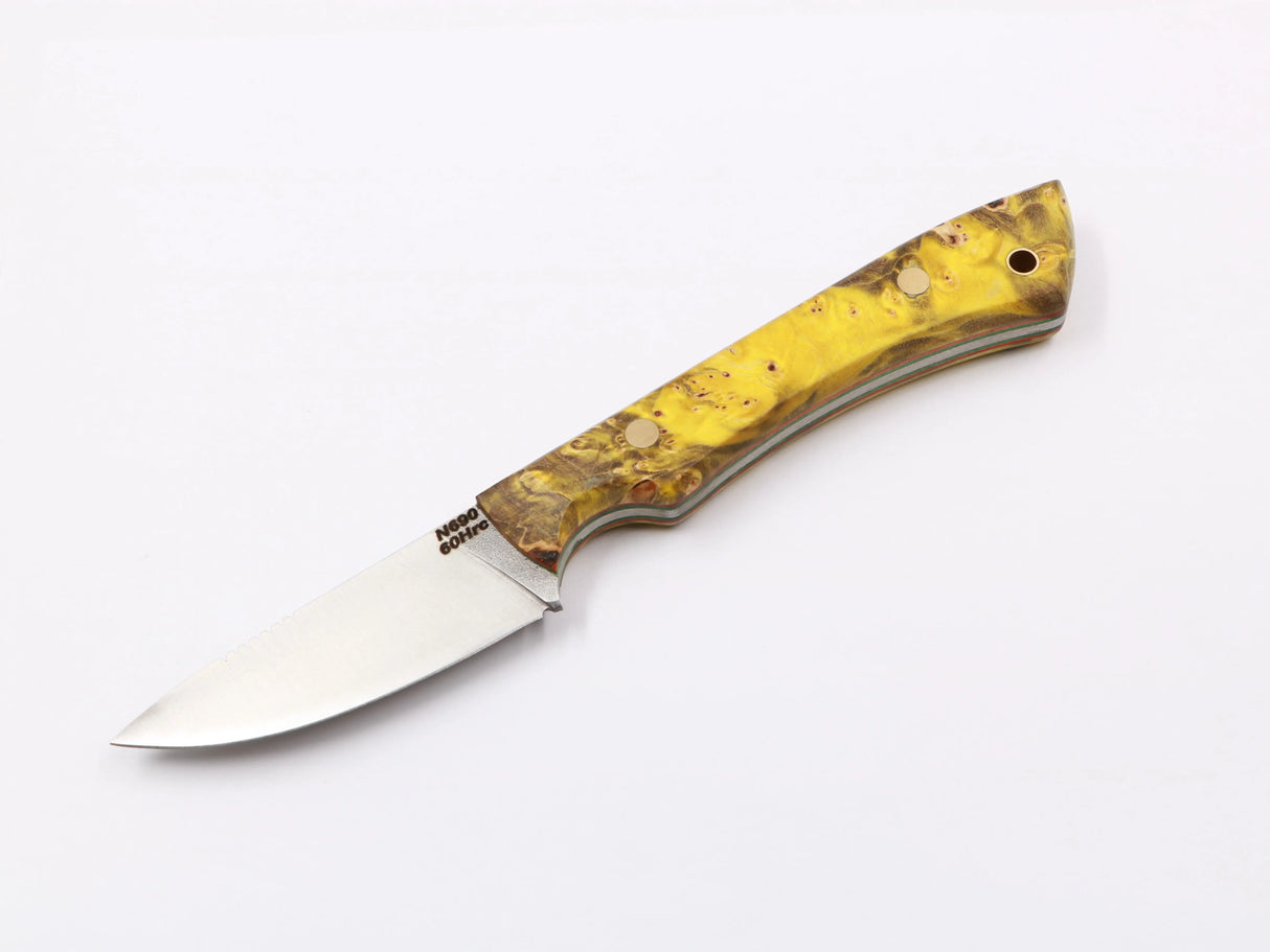 Farbspitzla – Nahaufnahme Griffmaserung, stabilisierte Maser-Pappel gelb