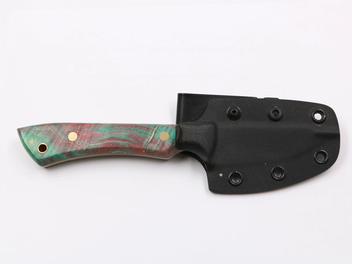 Farbspitzla – mit Kydex-Scheide, Frontansicht rot/blau