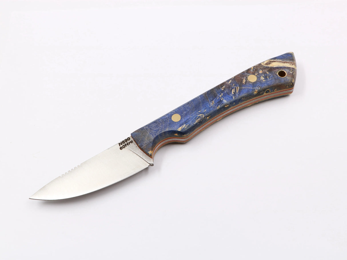 Farbspitzla – Einzelansicht, bunter Maser-Pappel-Griff, N690-Klinge 75 mm lila/braun