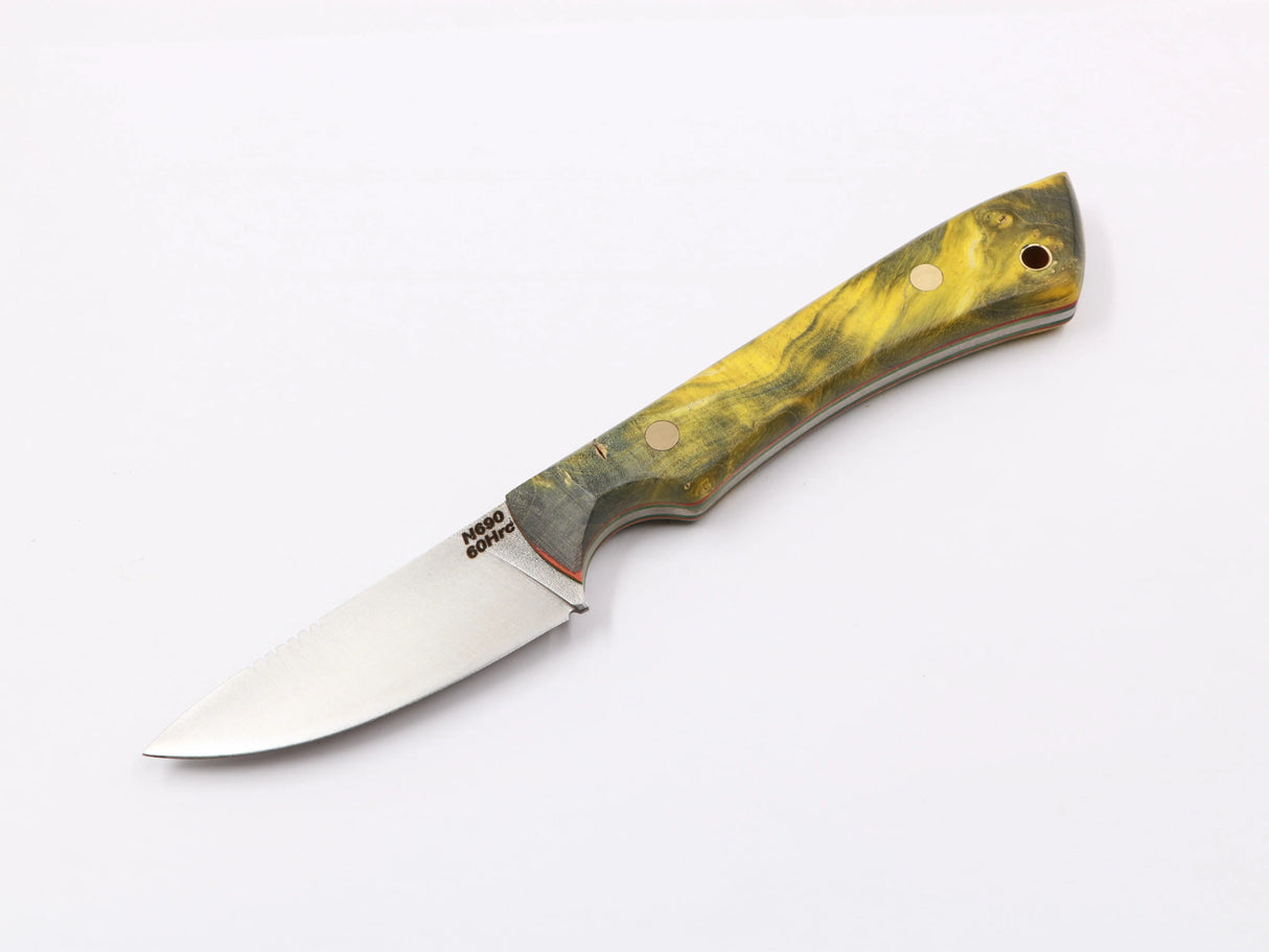 Farbspitzla – Einzelansicht, bunter Maser-Pappel-Griff, N690-Klinge 75 mm gelb/grün links