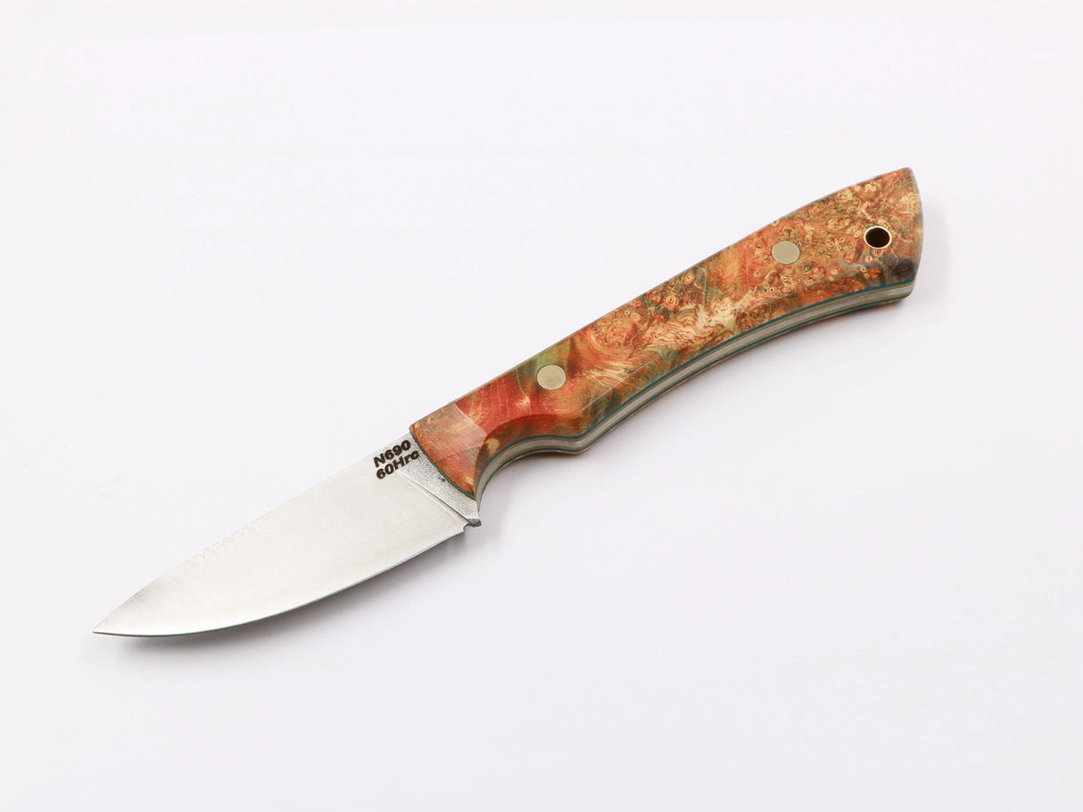 Farbspitzla – Einzelansicht, bunter Maser-Pappel-Griff, N690-Klinge 75 mm rot/orange links