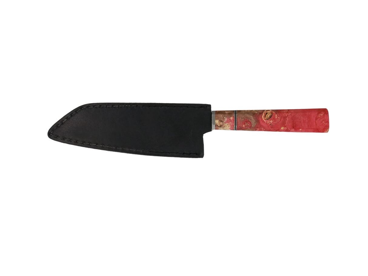 HAWK KNIFE N690 Kiritsuke Küchenmesser handgefertigt mit rotem Resin Holzgriff und schwarzer Lederscheide