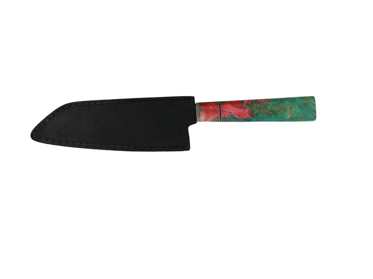 HAWK KNIFE N690 Kiritsuke Küchenmesser handgefertigt mit grünem Resin Holzgriff und schwarzer Lederscheide