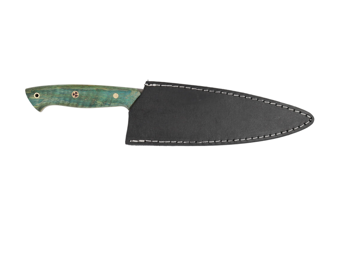 HAWK Knife Chefmesser N690 mit stabilisierten Holzgriffen in Blau Grün mit schwarzen Lederscheide