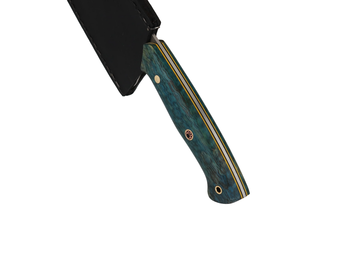Detailaufnahme HAWK Knife Chefmesser N690 mit Blau Grün Holzgriff