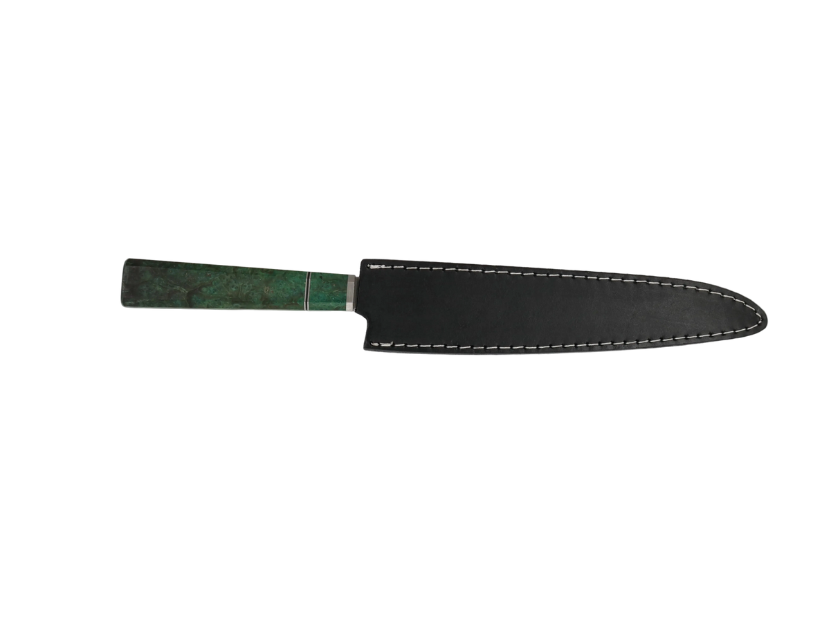Sujihiki Küchenmesser N690 mit grünem Resin Griff mi schwarzen Lederscheide