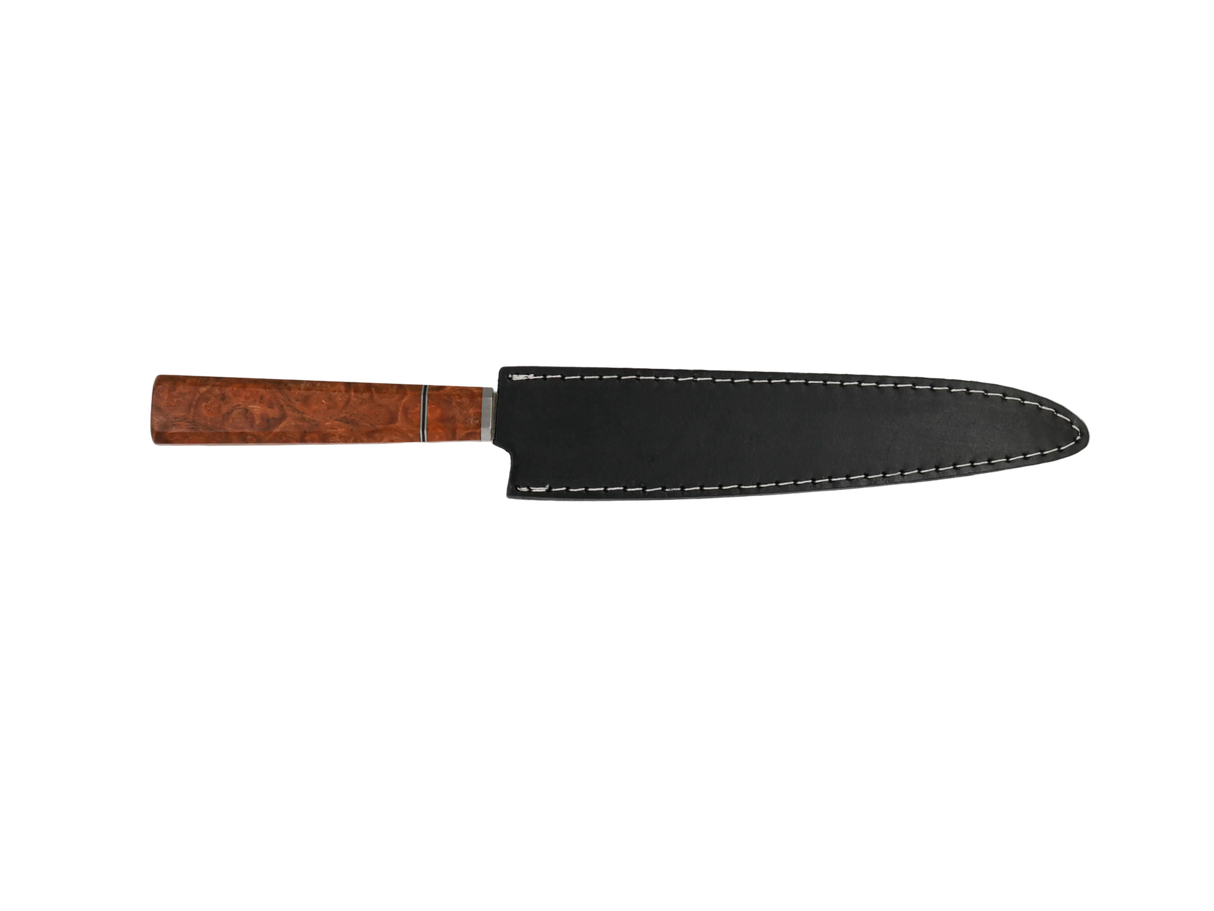 Sujihiki Küchenmesser N690 mit braunem Holzgriff mit schwarzen Lederscheide