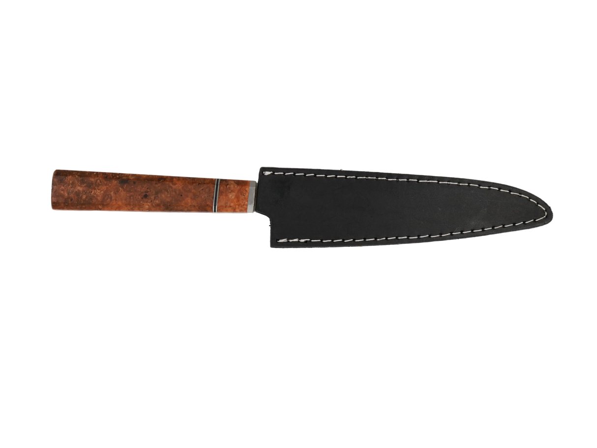 Handgefertigtes Sujihiki Messer mit Maserholz Griff rot braun mit schwarzen Lederscheide