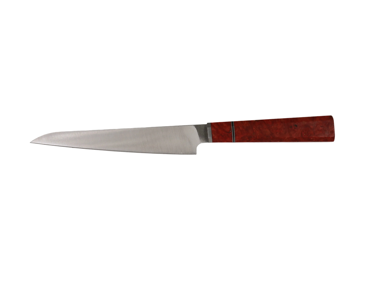 Handgefertigtes Sujihiki Messer mit Maserholz Griff rot braun
