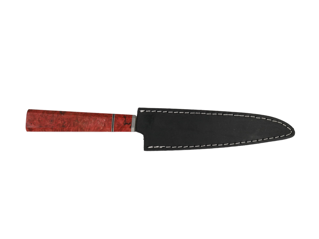Handgefertigtes Sujihiki Messer mit Maserholz Griff rot braun mit schwarzen Lederscheide