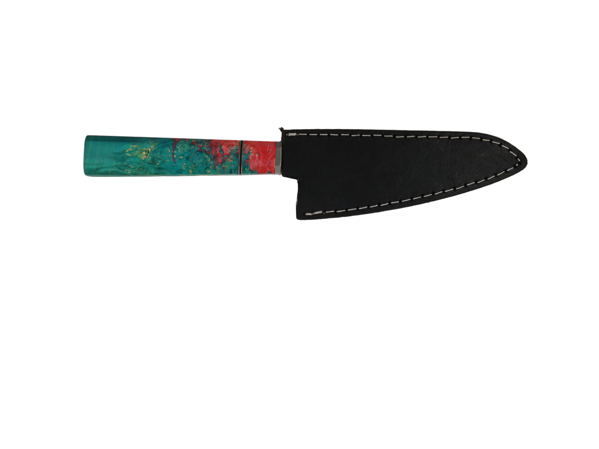 HAWK Knife Honesuki N690 mit türkis goldenem Holzgriff mit schwarzen Lederscheide