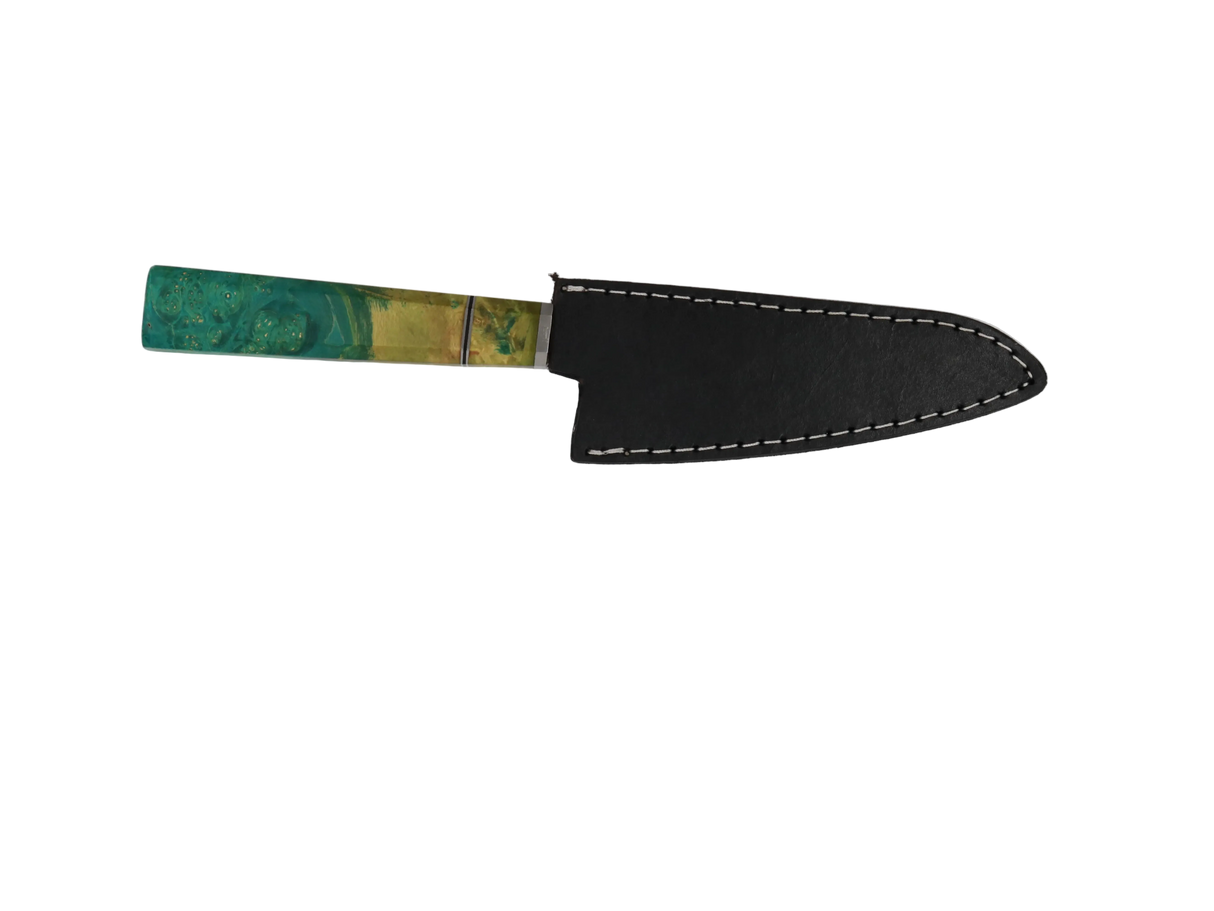 HAWK Knife Honesuki N690 mit türkis orangem stabilisiertem Holzgriff mit schwarzen Lederscheide