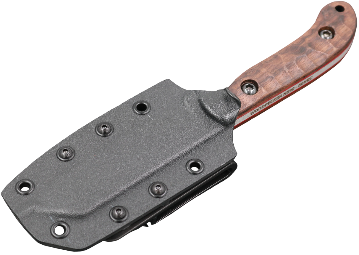 Messerfieber Woodpecker N690 mit schwarzer Klinge und Walnuss Griff mit Kydex-Scheide