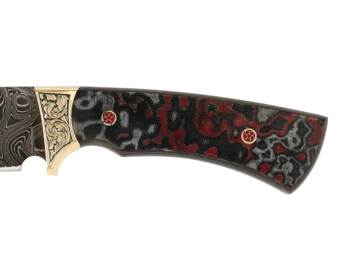 Detailaufnahme Messerfieber Arkan 130 Damast mit dekorativem Micarta-Griff