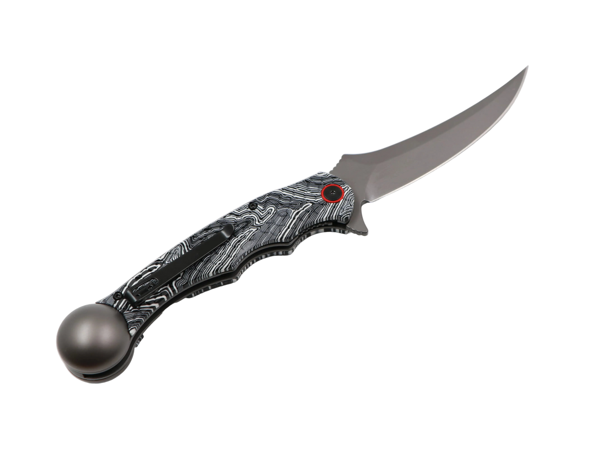 Ironroots Taschenmesser fürs Angeln – Crazy Micarta, offene Klinge in Seitenansicht, Fischbetäuber am Griffende