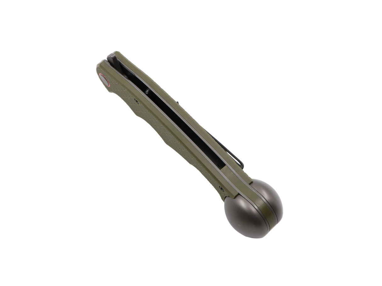 Ironroots Olive Messer Detail – Seiten-/Rückenansicht, Klappmesser mit Fischbetäuber, sauber freigestellt auf weiß