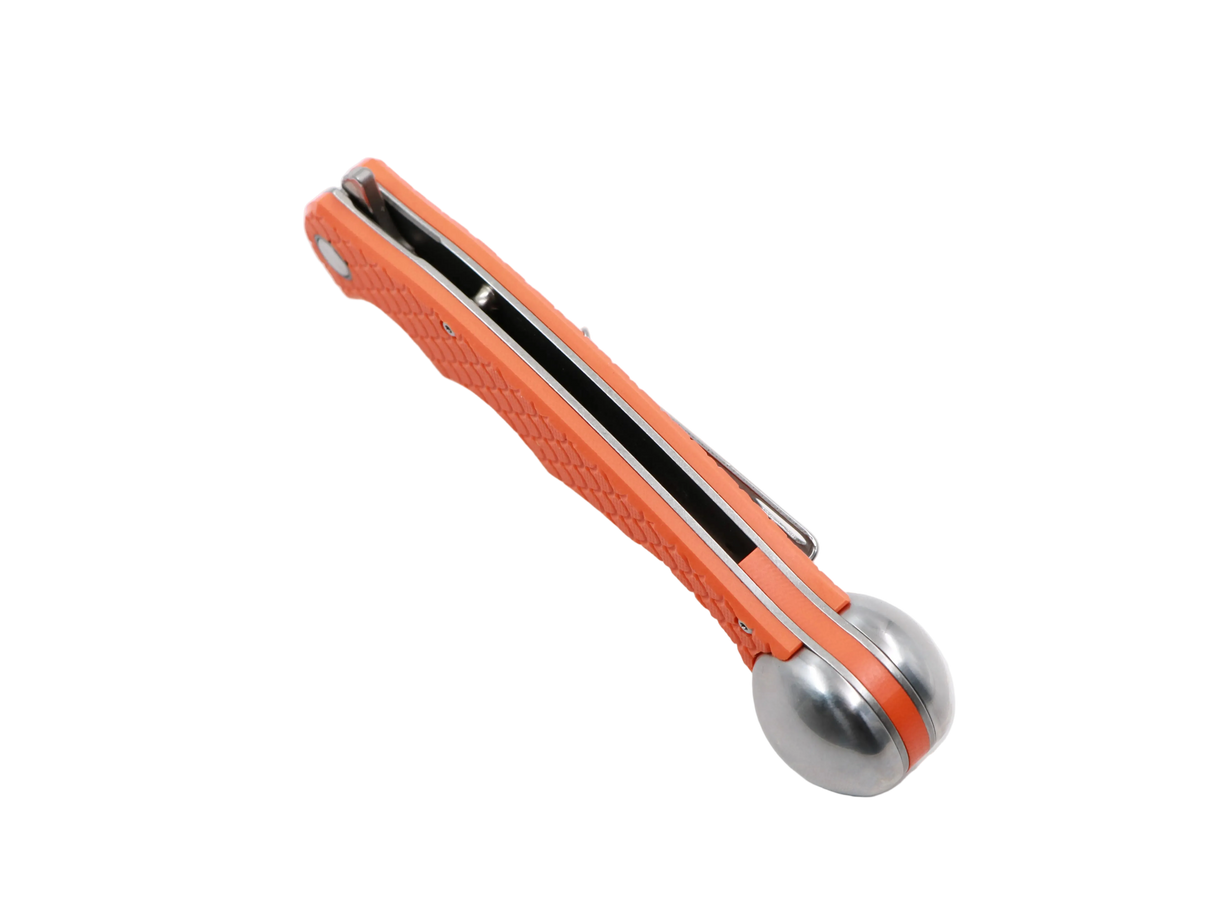 Ironroots Orange Detailansicht – Clip-/Rückenansicht, Klappmesser mit Fischbetäuber, freigestelltes Produktfoto
