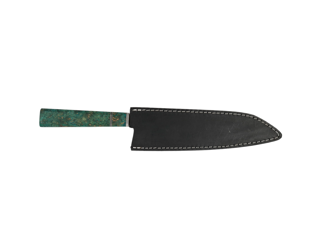 HAWK KNIFE Kiritsuke Küchenmesser N690 mit türkis Maserung Grif mit schwarzen Lederscheide.