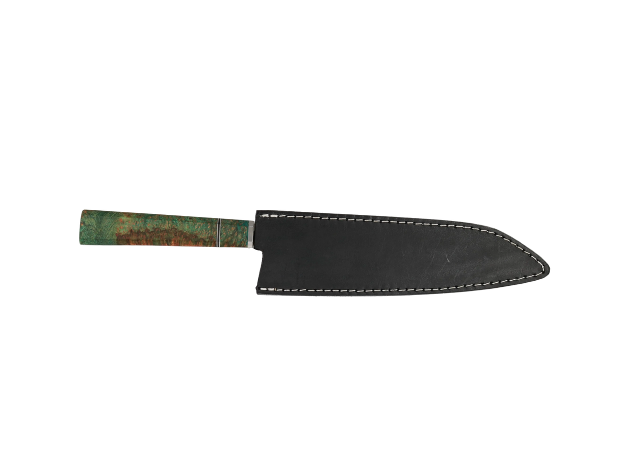 HAWK KNIFE Kiritsuke Küchenmesser N690 mit grün-brauner Maserung Griff mit schwarzen Lederscheide.