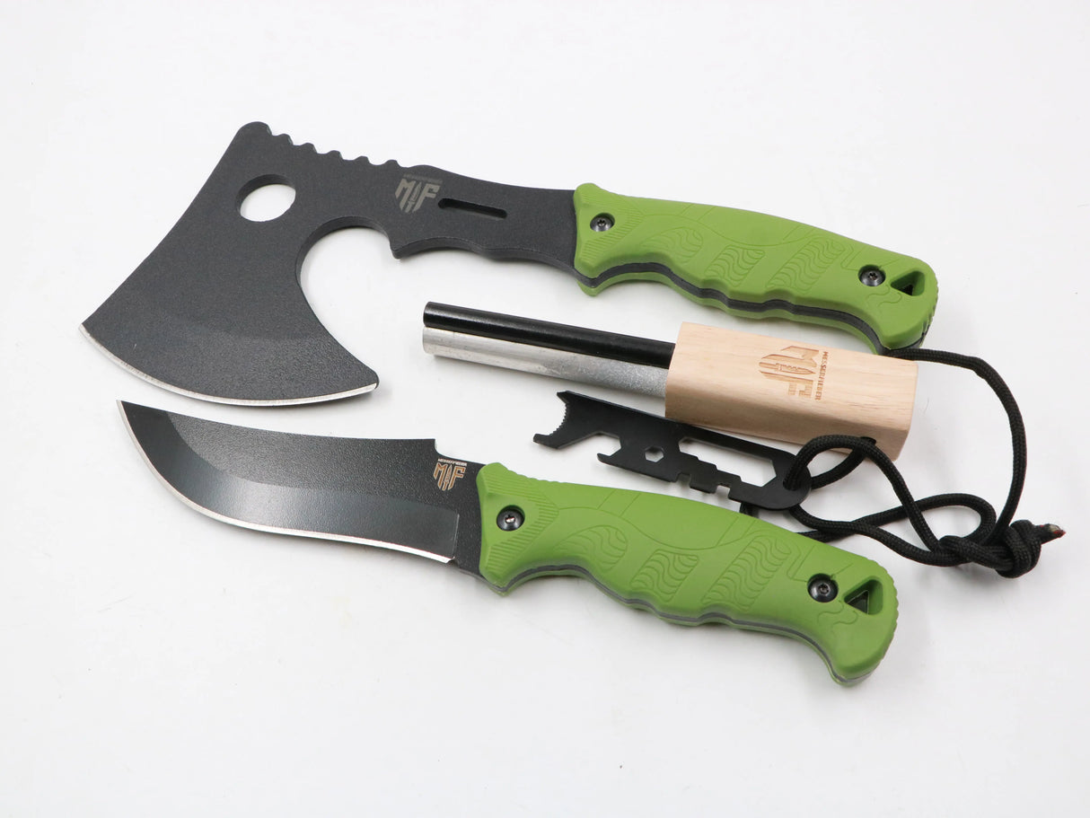 MF Set mit Beil, Messer und Feuerstahl – Komplettes Bushcraft-Kit in Studioaufnahme auf weißem Hintergrund