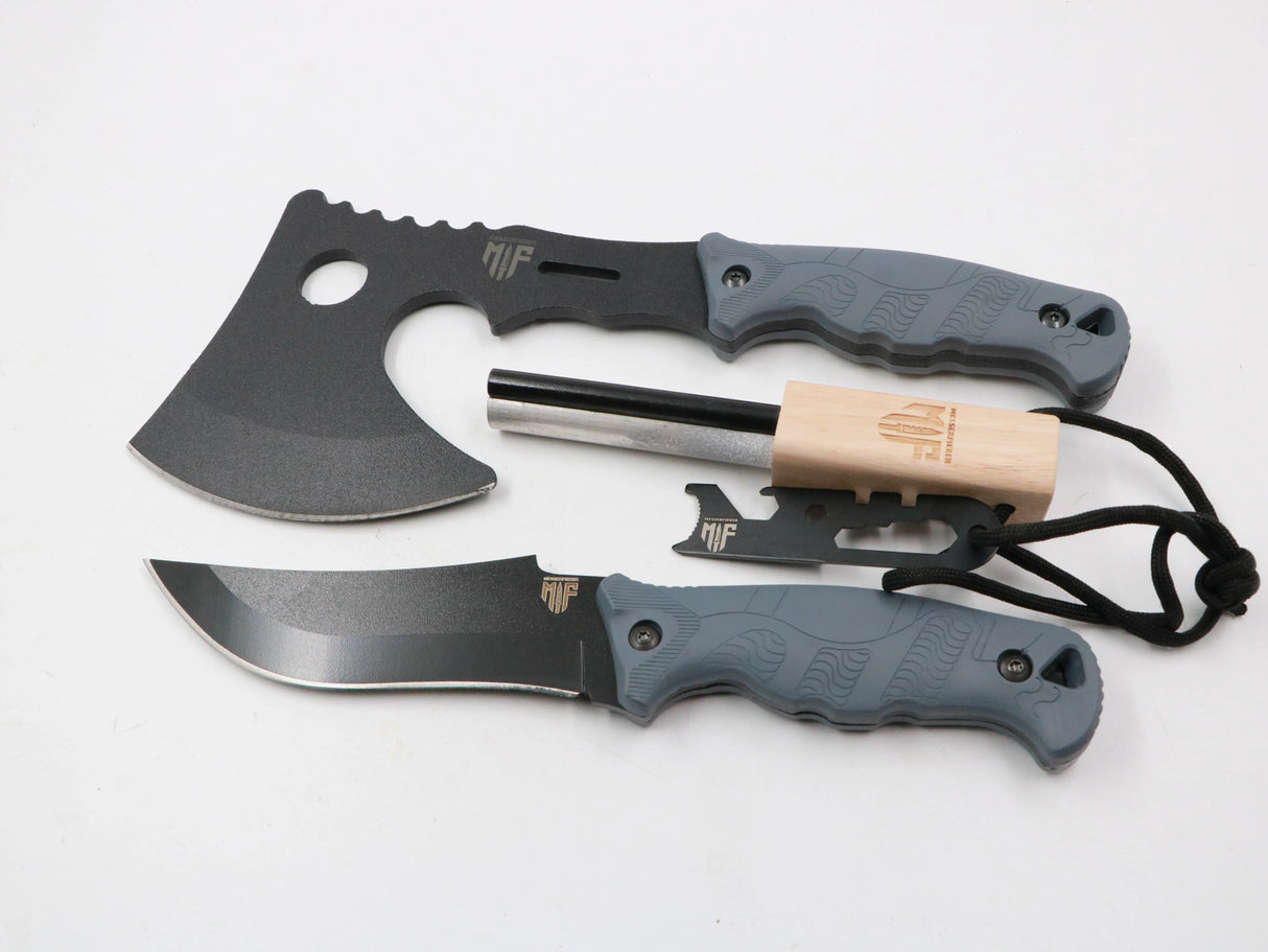 MF Set mit Beil, Messer und Feuerstahl – Komplettes Bushcraft-Kit in Studioaufnahme auf weißem Hintergrund