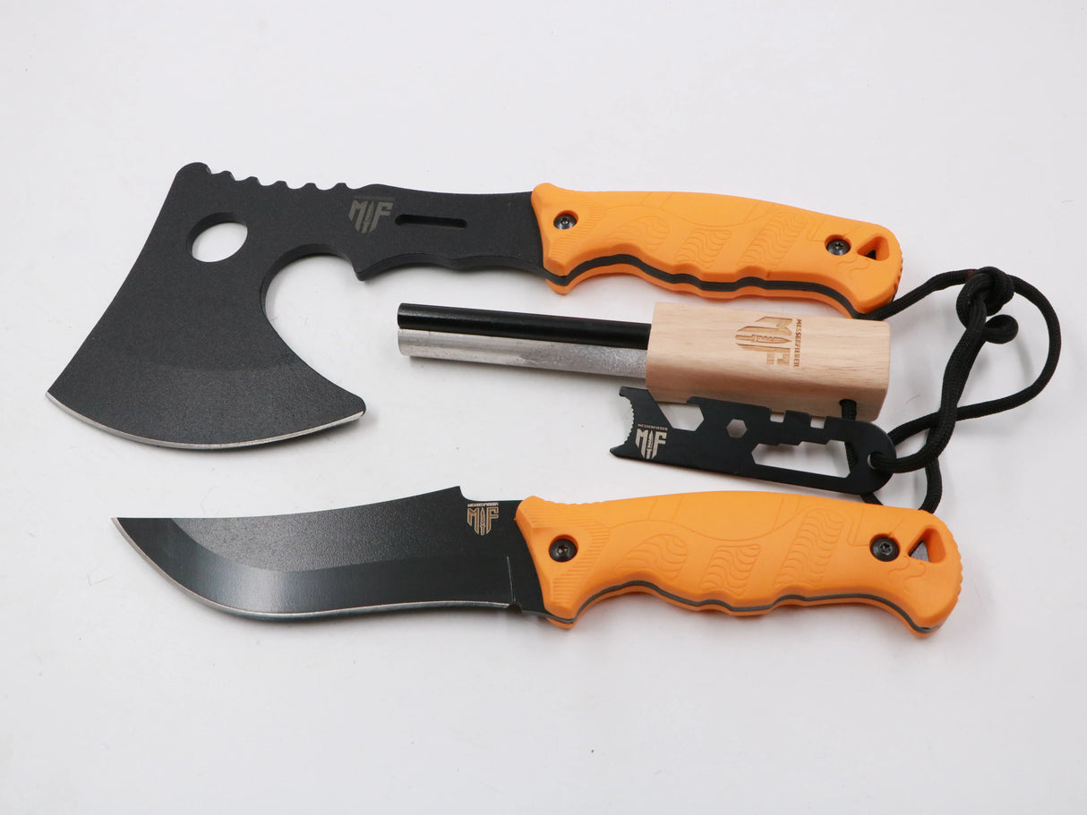 MF Set mit Beil, Messer und Feuerstahl – Komplettes Bushcraft-Kit in Studioaufnahme auf weißem Hintergrund