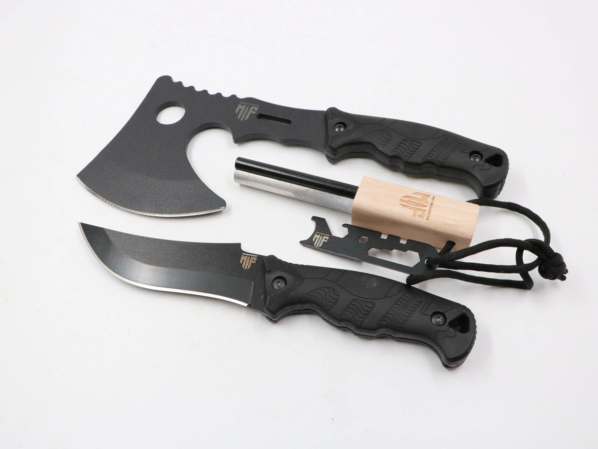 MF Set mit Beil, Messer und Feuerstahl – Komplettes Bushcraft-Kit in Studioaufnahme auf weißem Hintergrund