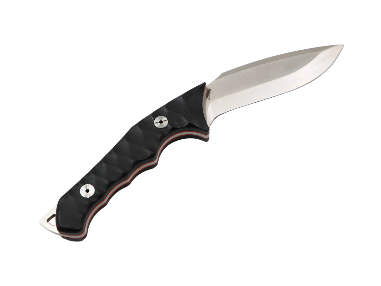 Nova Kukri – Seitenansicht der 14N28-Klinge mit Satin-Finish und gerilltem G10-Griff