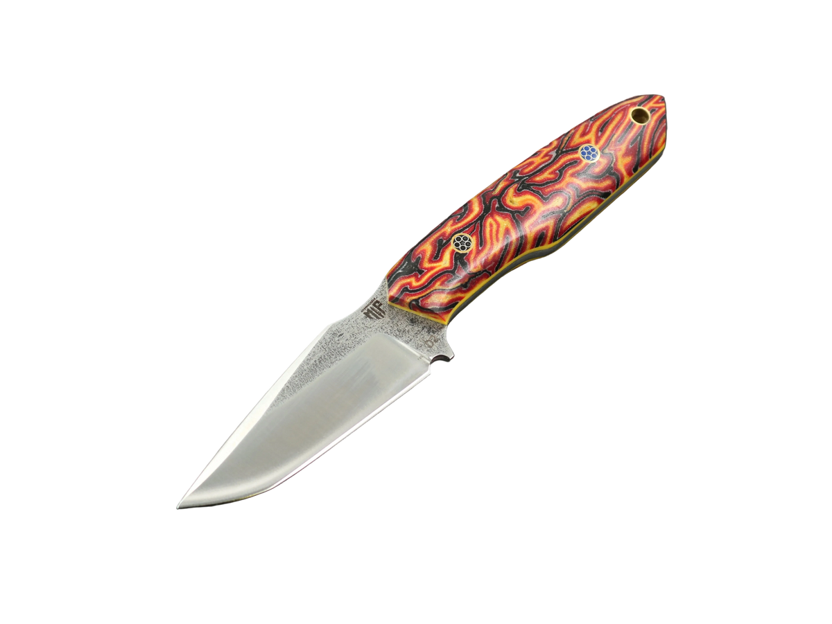 Messerfieber Eldur Micarta 2 mit D2-Klinge, rot-orange-schwarz gemustertem Griff und gelbem G10-Liner
