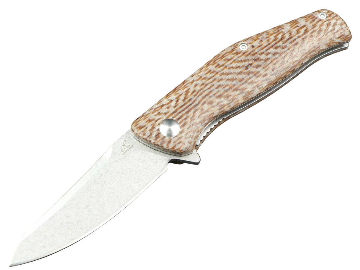 Ridge – Geöffnetes Klappmesser mit heller Klinge und hellbraun strukturiertem Griff.