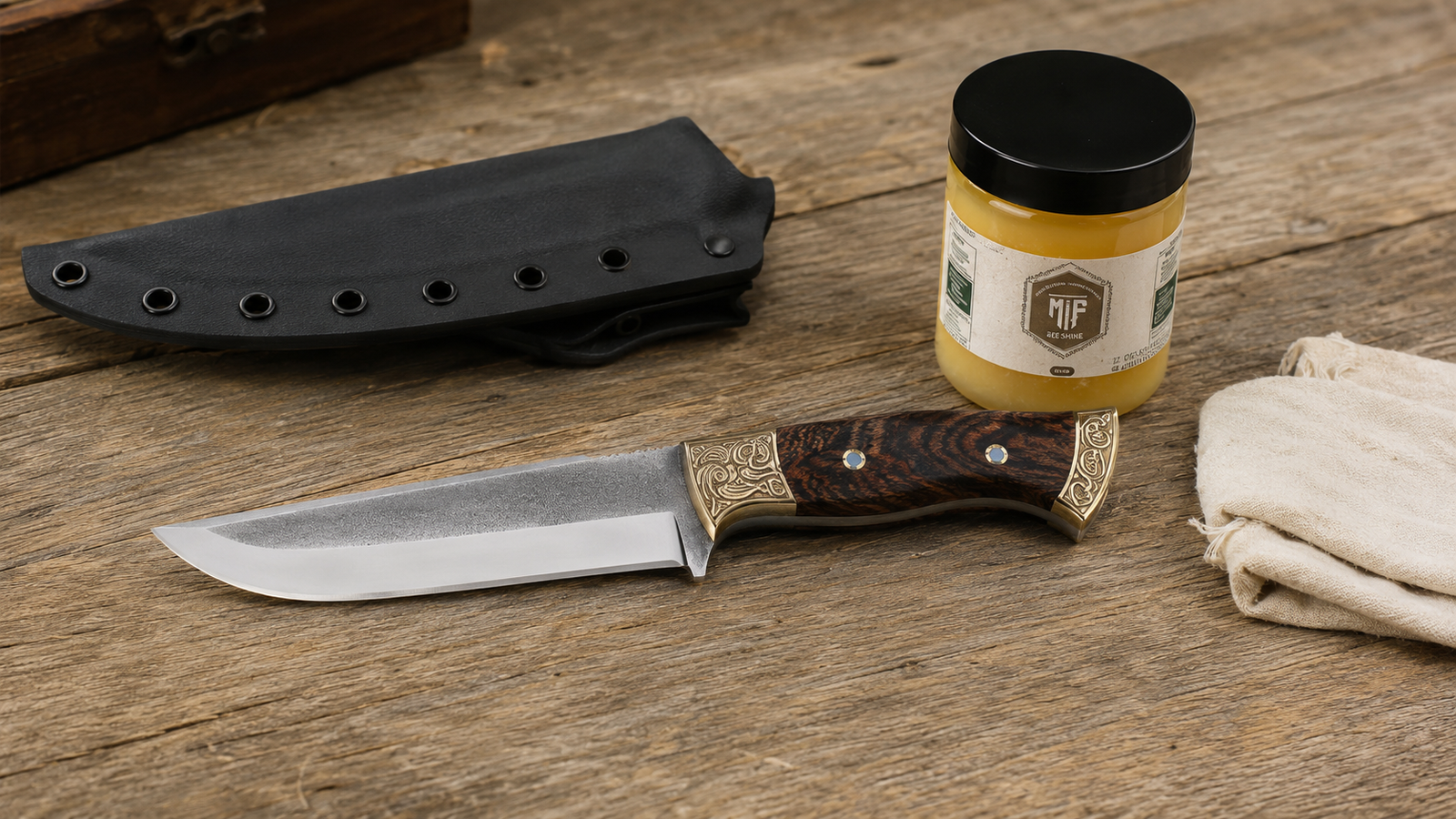 Alt-Text:  `Messerfieber Outdoor-Messer mit Holzgriff, schwarzer Kydexscheide, BeeShine Holz- und Lederpflege sowie Reinigungstuch auf rustikalem Holztisch.`