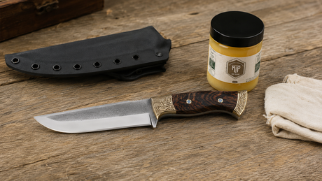 Alt-Text:  `Messerfieber Outdoor-Messer mit Holzgriff, schwarzer Kydexscheide, BeeShine Holz- und Lederpflege sowie Reinigungstuch auf rustikalem Holztisch.`