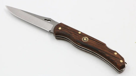 Geöffnetes Taschenmesser Anglerfreunde mit dunklem Wenge-Holzgriff