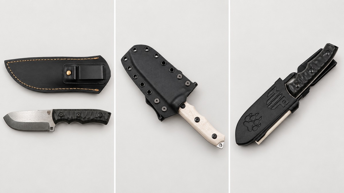 Bushcrafter Cat: Lederscheide, Kydexscheide und gedruckte TPU-Scheide im Vergleich