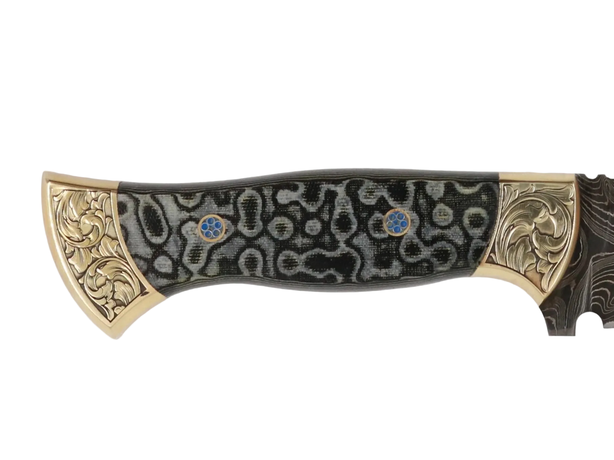 Detailaufnahme Messerfieber Vizier 142 Damascus mit dekorativem Micarta-Griff