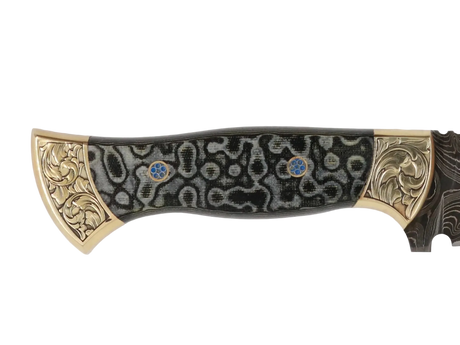 Detailaufnahme Messerfieber Vizier 142 Damascus mit dekorativem Micarta-Griff