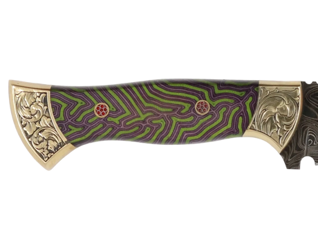 Detailaufnahme Messerfieber Vizier 142 Damascus mit dekorativem Micarta-Griff