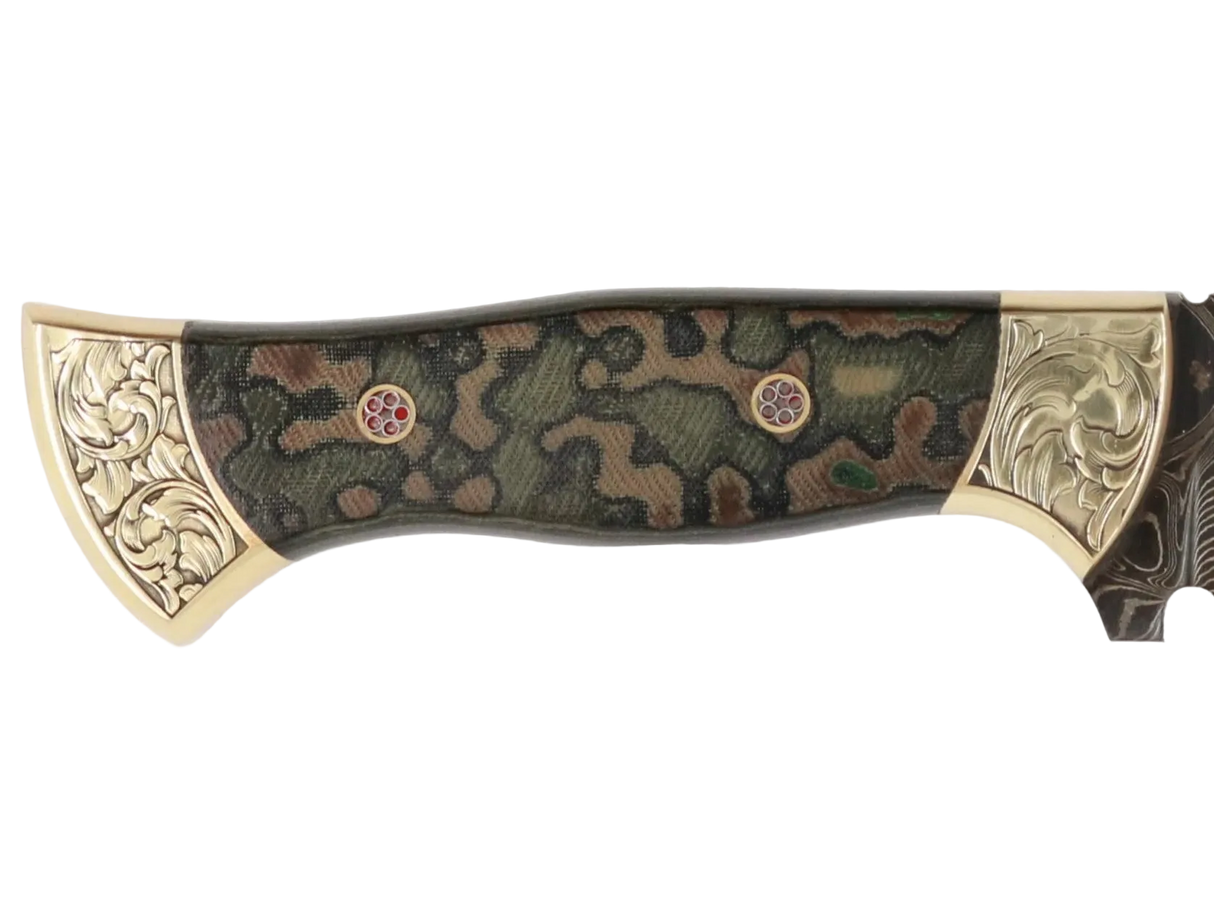 Detailaufnahme Messerfieber Vizier 142 Damascus mit dekorativem Micarta-Griff