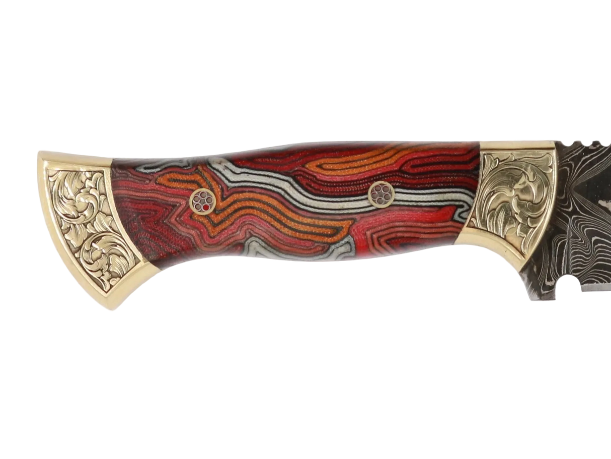 Detailaufnahme Messerfieber Vizier 142 Damascus mit dekorativem Micarta-Griff