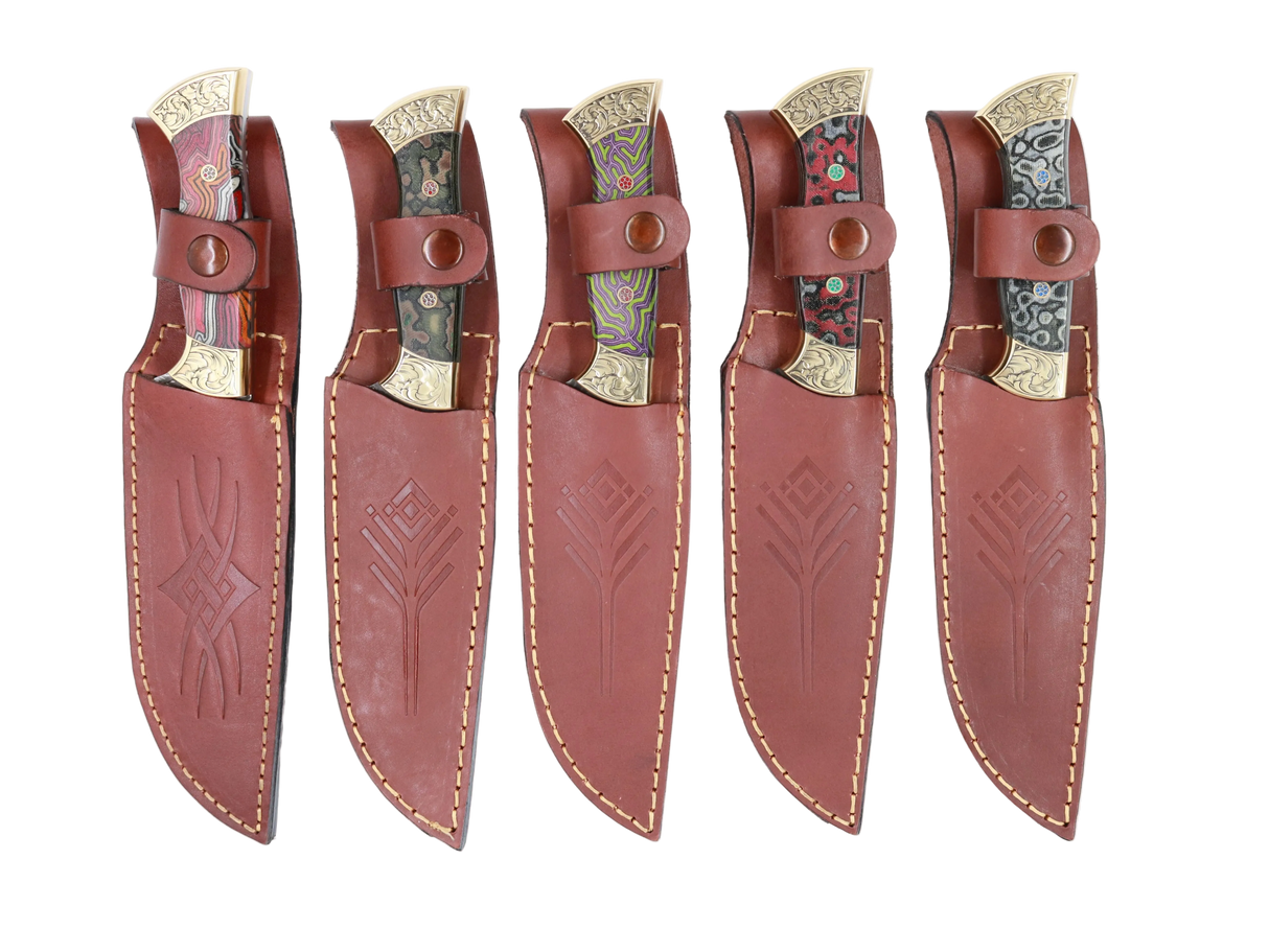 Messerfieber Vizier 142 Damascus mit handgefertigten Lederscheiden und verschiedenen Micarta-Griffen