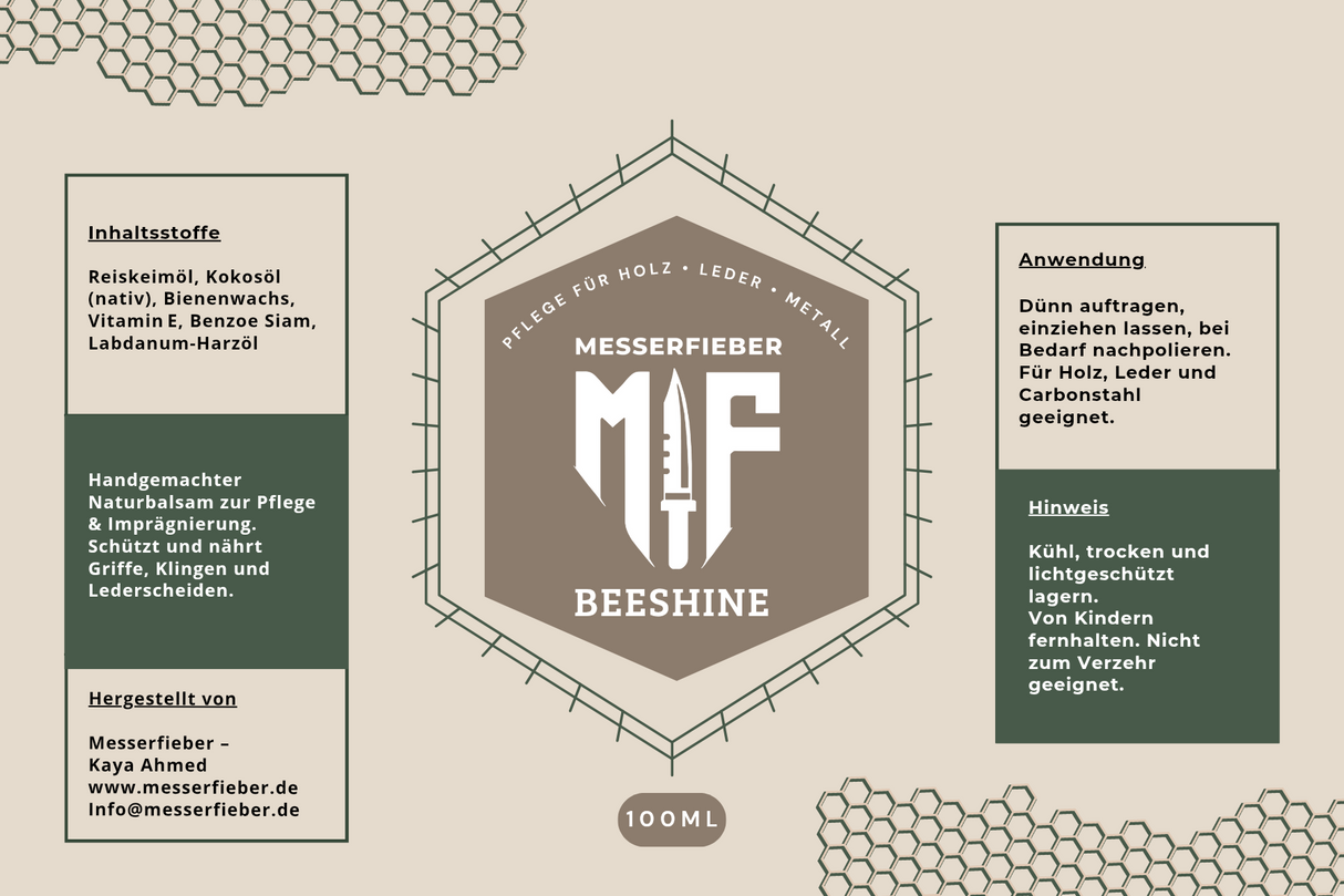 Beeshine Etikett mit Inhaltsstoffen – natürliche Messerpflege mit Reiskeimöl, Kokosöl, Bienenwachs, Vitamin E, Benzoe Siam und Labdanum Harzöl
