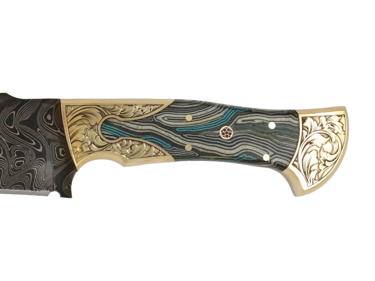 Detailaufnahme Emir 265 Damaststahl mit dekorativem Micarta-Griff und goldenen Elementen