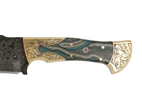 Detailaufnahme Emir 265 Damaststahl mit dekorativem Micarta-Griff und goldenen Elementen