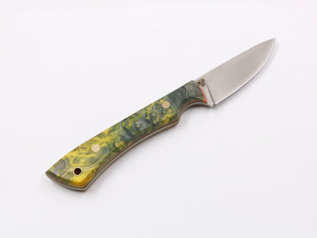 Farbspitzla – Einzelansicht, bunter Maser-Pappel-Griff, N690-Klinge 75 mm gelb/grün rechts