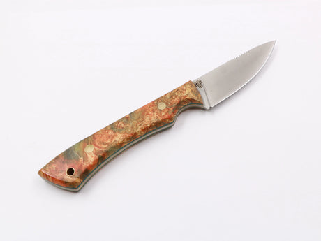 Farbspitzla – Einzelansicht, bunter Maser-Pappel-Griff, N690-Klinge 75 mm rot/orange rechts